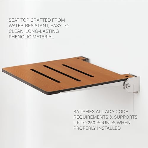 Seachrome 18 inch Silhouette Slimline Folding Wall Mount Shower Bench Seat, Teak Seat with Silver Frame - color: Teak Seat With Silver Frame
