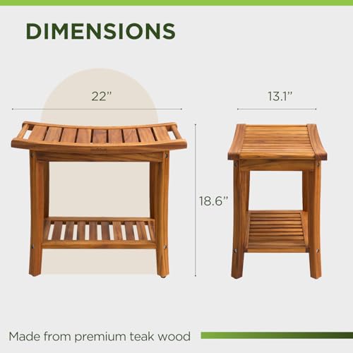 Premium 22" Teak Wood Shower Bench with Shelf, 2-Tier Waterproof | Teak Shower Stool, Non-Slip Feet for Enhanced Safety, Spa Bath Seat for Bathroom, Indoor & Outdoor Use, 300 lb Capacity