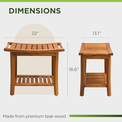 Premium 22" Teak Wood Shower Bench with Shelf, 2-Tier Waterproof | Teak Shower Stool, Non-Slip Feet for Enhanced Safety, Spa Bath Seat for Bathroom, Indoor & Outdoor Use, 300 lb Capacity
