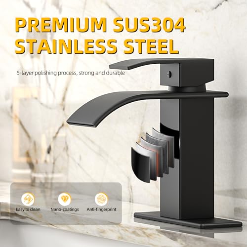 Waterfall Bathroom Faucet, Matte Black Stainless Steel, 1-Handle | Modern Bathroom Sink Faucet for RV & Outdoor Basins, Pop-Up Drain, Supply Lines, 6-in Deck Plate, 1- or 3-Hole, NSF Certified - color: Matte Black