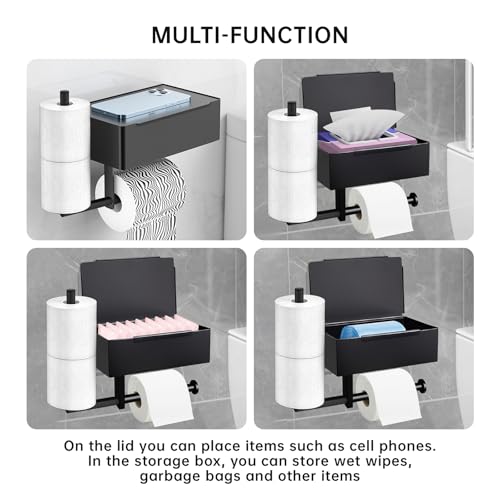 Toilet Paper Roll Holder, Wall-Mounted Bathroom Tissue Organizer with Storage Shelf, Adhesive Toilet Paper Holder Modern Matte Black,12.37L x 5.11W inches