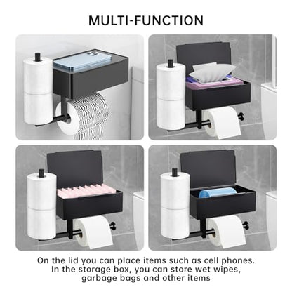 Toilet Paper Roll Holder, Wall-Mounted Bathroom Tissue Organizer with Storage Shelf, Adhesive Toilet Paper Holder Modern Matte Black,12.37L x 5.11W inches