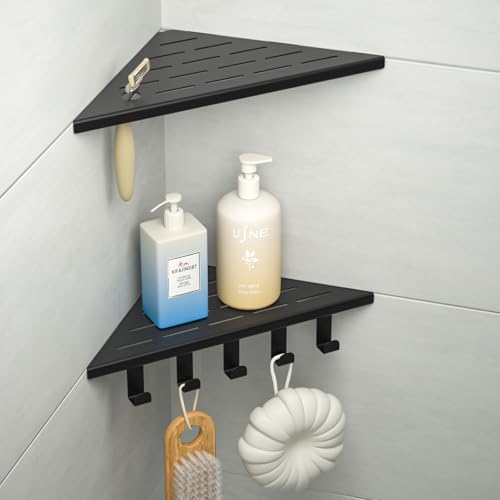 10'' Corner Shower Shelf | 304 Stainless Steel Shelves for Bathroom, Grout in Shelf with Hooks for Tiled Wall (Matte Black) - color: Matte Black