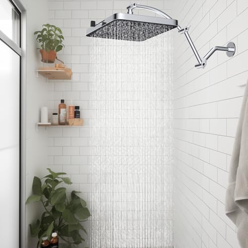 Hibbent Rain Shower Head, 13'' High Pressure Rainfall Square 5 Spray Mode Showerhead with 16" Shower Head Extension Arm, Solid Brass Adjustable Shower Arm Extender, Waterfall fixed Showerheads, Chrome - color: Chrome, style: Square 13'' with Arm