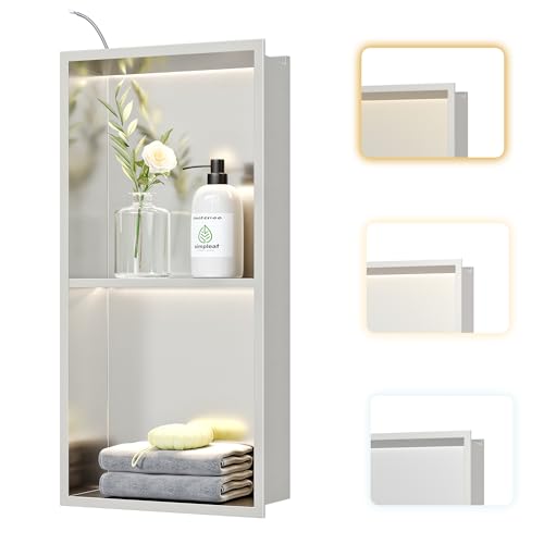 Brushed 2-Tier 3 CCT LED Niche, 12"x24" No-Tile Shower Storage | shower niche with 3-Temperature LED Strip Light (4000K/6000K/3000K),Waterproof, Sturdy&Durable,304 Stainless Steel Wall Niche - color: Brushed, size: 12X24In