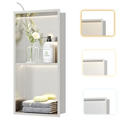 Brushed 2-Tier 3 CCT LED Niche, 12"x24" No-Tile Shower Storage | shower niche with 3-Temperature LED Strip Light (4000K/6000K/3000K),Waterproof, Sturdy&Durable,304 Stainless Steel Wall Niche - color: Brushed, size: 12X24In