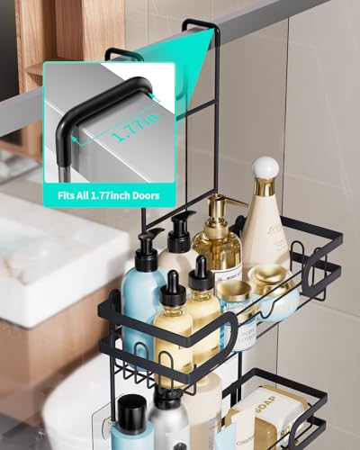 HapiRm Hanging Shower Caddy Over the Door with 14 Hooks and Soap Holder, No Drilling Adhesive Shower Storage, Rustproof & Waterproof Stainless Steel Bathroom Shelves - Black - color: C-Black