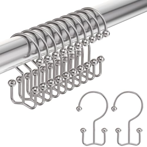 Shower Curtain Hooks Rings, Double Shower Curtain Hooks Rust Proof Stainless Steel Shower Curain Hangers 12Pcs, Polished Nickel Shower Hooks for Bathroom Shower Curtain Rod - color: Polished Nickel, style: Double Hooks-2
