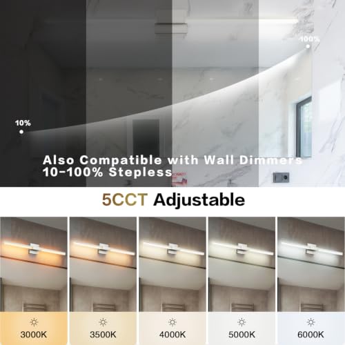 SOLFART Bathroom Vanity Light 48-Inch: Brushed Nickel 5CCT Dimmable Bathroom Light Fixtures, Solid Frosted Acrylic, Built-in Dimmer, CRI88 Soft Light, ETL IP44 - color: Brushed Nickel-5CCT, 5-Step Brightness Control, size: 48 inch