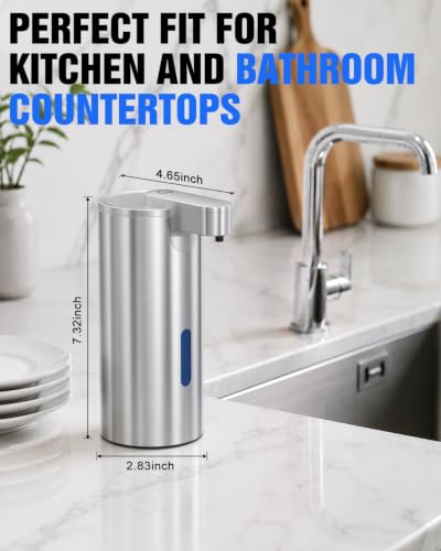 Fantictas Automatic Soap Dispenser Touchless, Stainless Steel 11.5 oz | Touchless Soap Dispenser for Hand or Dish Soap, USB-C Rechargeable with 3 Adjustable Levels, for Kitchen Sink and Bathroom - color: Stainless Steel, style: Gel