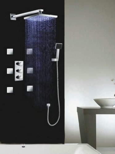 Luxury 10" Water Power LED Shower Head Rainfall Thermostatic 6 Massage Jets Spray Body Shower Set Faucet, Chrome Ys 7008