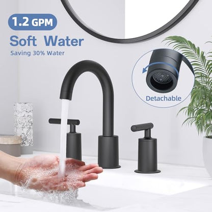 VXV Matte Black Bathroom Faucet 3 Hole Widespread with Easy Installation, 2-Handle 8 Inch Bathroom Sink Faucet 360° Swivel Spout, Pre-Attached Hoses & Drain Included, Vanity Faucet for Bath Sink - color: Luxury Matte Black