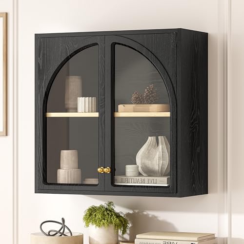 Large Wall Medicine Cabinet with Arched Acrylic Door, Modern Wall Mounted Bathroom Storage with Adjustable Shelf, Wooden Floating Over Toliet Cabinet for Bathroom, Living Room, Black/Oak - color: Black/Oak