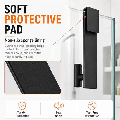 Over Glass Shower Towel Hooks, Shower Door Hooks, Black, 2 Pack | Stainless Steel, Heavy Duty, Easy Installation, Slim Design, Soft Padding, Shower Towel Hooks For Glass Shower Door