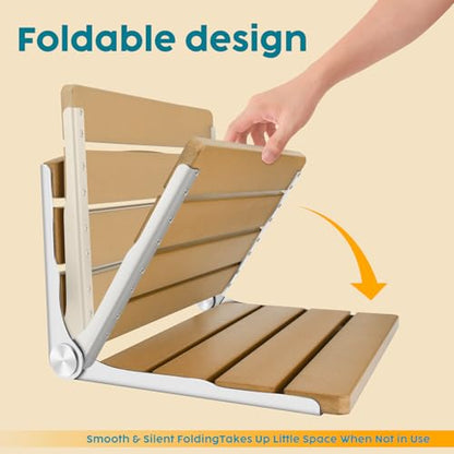 Foldable Shower Chair, 16" Folding Shower Seat Wall Mounted, Brown | Safety Furniture Stainless Steel for Elderly, Fold Down Shower Bench for Inside Shower, Pregnants-Maximum Load 400lb
