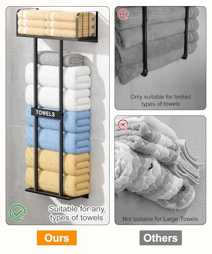 Towel Racks for Bathroom with Top Towel Shelf Hold 8 Large Rolled Towels, 36" Wall Mounted Bathroom Towel Storage Organizer for Small Bathroom, Camper, Rv (Black)