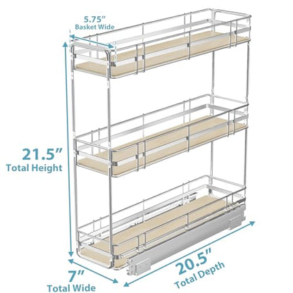 Pull Out Spice Rack Cabinet Organizer 7" W x 20½" D, 3 Tier Heavy Duty Slide Out Wood Shelf for Narrow Cabinet, Pull Out Storage for Kitchen - size: 7" W x 20½" D