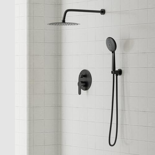 Gabrylly Shower System Black, Pressure Balance Shower Faucet Set, 10" Stainless Steel Rain Shower head with 5-Mode Handheld Shower Spray Combo,High Pressure Rainfall Shower Head Set, Matte Black - color: Matte Black, style: 10 Inches-Without Tub Spout