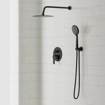 Gabrylly Black Shower System, Pressure Balance Shower Faucet Set, 12" Stainless Steel Rain Shower head with 5-Mode Handheld Shower Spray Combo,High Pressure Rainfall Shower Head Set, Matte Black - color: Matte Black, style: 12 Inches-Without Tub Spout
