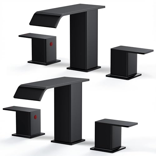FORIOUS Bathroom Faucet 3 Hole 8 Inch Widespread Sink 2 Pack Matte Black | 3-hole 4-12 Inch Widespread Sink, Square Waterfall Spout, with Drain and Hoses,for Vanity Rv Commercial Lavatory Restroom - color: Matte Black x2PCS