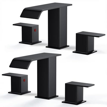 FORIOUS Bathroom Faucet 3 Hole 8 Inch Widespread Sink 2 Pack Matte Black | 3-hole 4-12 Inch Widespread Sink, Square Waterfall Spout, with Drain and Hoses,for Vanity Rv Commercial Lavatory Restroom - color: Matte Black x2PCS