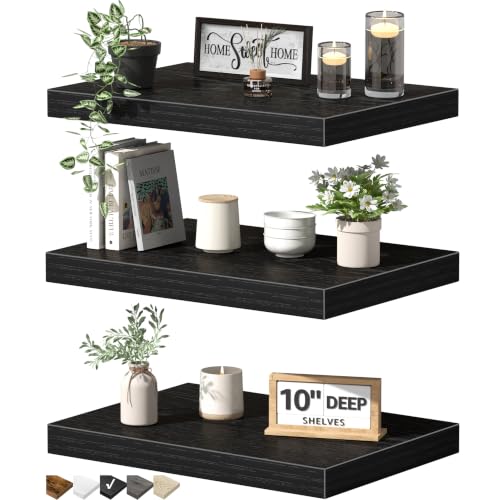 QEEIG 10" Deep Floating Shelves for Wall - 10 x 16 inch Book Shelf Bathroom Bedroom Kitchen Living Room Hanging Bookshelf Farmhouse Set of 3, Black (025-40B3) - color: B. Black, size: 15.7" x 10"