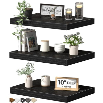 QEEIG 10" Deep Floating Shelves for Wall - 10 x 16 inch Book Shelf Bathroom Bedroom Kitchen Living Room Hanging Bookshelf Farmhouse Set of 3, Black (025-40B3) - color: B. Black, size: 15.7" x 10"