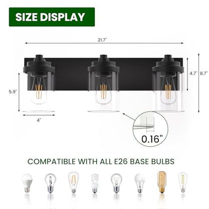 Bathroom Vanity Light, 3-Light Modern Black Vanity Light Fixtures with Clear Glass Shade, 22in Matte Black Bathroom Light Fixtures Over Mirror, Rustic Restroom Lighting Fixtures - color: Black, size: 3-Light