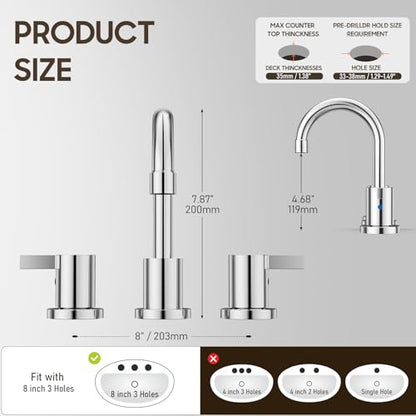 Phiestina 8 Inch 3 Hole Widespread Chrome Bathroom Faucet 2 Handle Bathroom Vanity Faucet with Metal Pop Up Drain & Water Supply line,BF03042-K01-C - color: Chrome - 8 IN