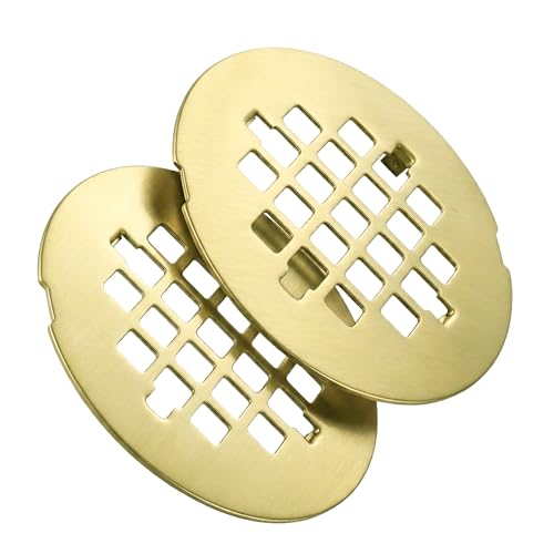 Shower Drain Cover Snap-in Hair Catcher - Brushed Gold 2 Pack | Stainless steel, 4-1/4" OD round, Fits 2-7/8" spacing, Easy install no tools, Warm gold, modern bathroom drain strainer grid. - color: Brushed Gold