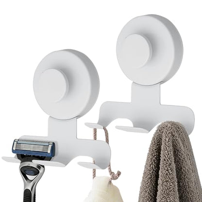 Shower Suction Razor Holder, Stainless Steel No-Drill Bathroom Hook | Reusable, Waterproof & Rustproof, Holds Up to 15 lbs – Fits Razors, Towels, Loofahs, Glass Doors & Tiles,White 2-Pack - color: White