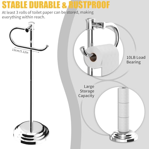 Toilet Paper Holder Floor Stand, Bathroom Freestanding Chrome | Toilet Tissue Roll Holder, Free Standing Rack with Storage, Weighted Base Accessories, SUS304 Stainless Steel Rustproof - color: Chrome