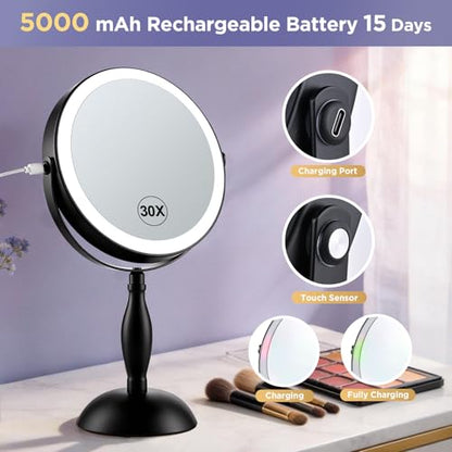 30X Magnifying Mirror with Lights-Matte Black 8" Dual Sided | (1X/30X) Lighted Makeup Mirror, 360° Swivel, 5000mAh Rechargeable Side Touch & Side Charging, 3 Colors & Dimmable Brightness - color: Matte Black