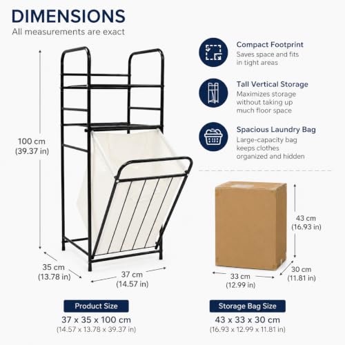 Tilt Out Laundry Hamper with Shelves, 3-Tier Storage Cabinet with Removable Liner Bag, 16.9" x 13" x 39.4" Carbon Steel Frame for Bathroom, Bedroom, Laundry Room - Black