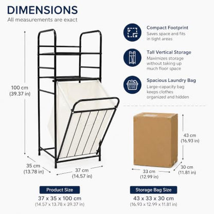 Tilt Out Laundry Hamper with Shelves, 3-Tier Storage Cabinet with Removable Liner Bag, 16.9" x 13" x 39.4" Carbon Steel Frame for Bathroom, Bedroom, Laundry Room - Black