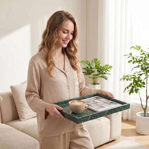 Natural Marble Tray Heavyweight Stone Vanity Tray for Bathroom Countertop, Coffee Table & Dresser - Handcrafted Rectangular Organizer (Green X, 12" x 8" x 1.2") - color: Green X