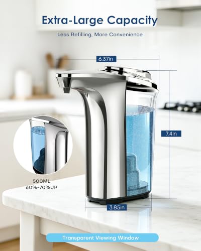 Automatic Soap Dispenser,17oz/500ml Touchless Dish Soap Dispenser | Metallic Finish,With Infrared Sensor, 5 Adjustable Soap Levels, Battery Operated, Perfect For Kitchen Bathroom Countertop