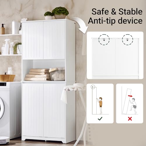 SoBuy Double Tilt Out Laundry Hamper Cabinet, 27.6 x 14.6 x 36.9 in, White | Double Tilt Out Laundry Storage Cabinet With Adjustable Shelves, Tall Cabinet With Hidden Pull Out Baskets, SO2-BZR150-W - color: White, size: Tall