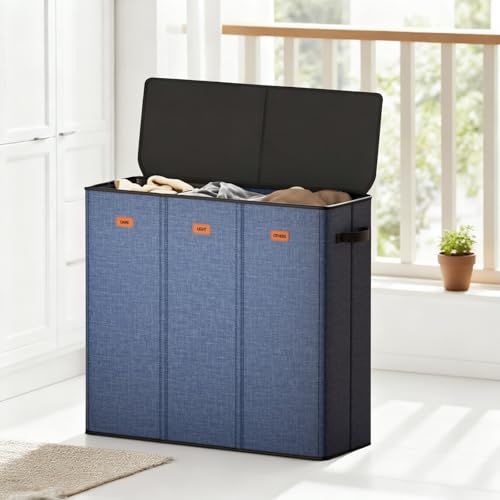 185L Laundry Hamper 3 Section with Lid, Navy Blue 3 Compartment Laundry hamper with 3 Removable Laundry Bags, Large Laundry Basket for Bedroom, Laundry Room, Dorm, - color: Navy Blue