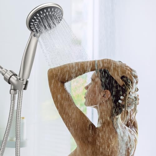 Handheld Shower Head High Pressure 5-Settings with Hose, Matte Black | Powerful Water Spray, Against Low Pressure Water Flow, 59 Inch Stainless Hose, Adjustable Mount - color: Brushed Nickel