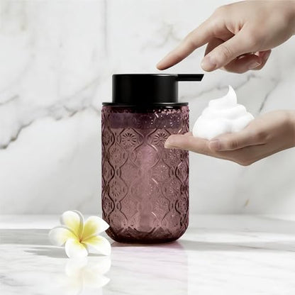 13.5 oz Glass Soap Dispenser, Luxurious Floral Embossed Glass Bathroom Countertop Foaming Pump for Kitchen Vanity (Pink) - color: Pink