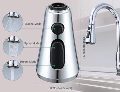Chrome Pull Down Kitchen Faucet Head Replacement with 9 Adapters | 3-function spray, stream, spray & high-pressure rinse, 9 adapters, fits most faucets, removable aerator, no tools needed - color: Chrome Finish
