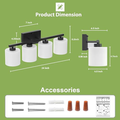 Honesorn 4-Light Vanity Lights, Matte Black Bathroom Light Fixtures | Black Bathroom Vanity Light, Wall Sconces with Milky White Frosted Shades Bedroom,E26 Socket(Bulbs Not Included) - color: Matte Black, size: 4-Light