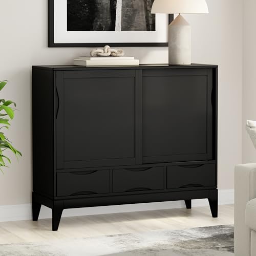 SIMPLIHOME Lev 39" Wide Solid Wood Storage Cabinet in Smoky Brown - color: Black, size: 48 inch