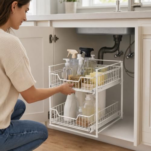 Juju 2-Tier Under Sink Organizer - Steel Wire Pull-Out Storage Rack for Kitchen and Bathroom Cabinets