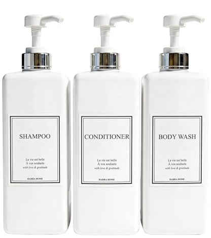 Modern Gold Design Pump Bottle Set 27 oz Refillable Shampoo and Conditioner Dispenser Empty Shower Plastic Bottles with Pump for Bathroom Lotion Body wash, Pack of 3 (White & Silver) - color: White & Silver