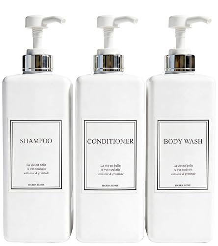Modern Gold Design Pump Bottle Set 27 oz Refillable Shampoo and Conditioner Dispenser Empty Shower Plastic Bottles with Pump for Bathroom Lotion Body wash, Pack of 3 (White & Silver) - color: White & Silver