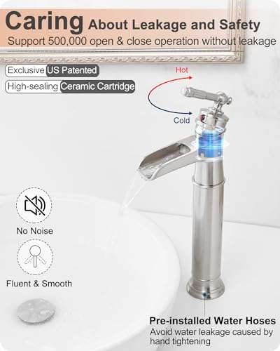 Vessel Sink Faucet Brushed Nickel, Brass Waterfall Bathroom Faucet Single Hole, Tall Bathroom Sink Faucet, Bathroom Faucets Single Handle with Pop-Up Drain Supply Hoses for Lavatory No Noise - color: Brushed Nickel - Classic