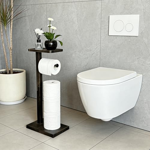 Bamboo Freestanding Bathroom Toilet Paper Holder Stand with Phone Shelf and Storage, Holds 3 Extra Mega Rolls(Balck) - color: Balck