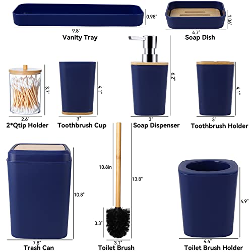 Bathroom Accessories Set, 9 Piece Navy Blue Bathroom Accessory Set with Trash Can,Toothbrush Holder,Toothbrush Cup,Lotion Soap Dispenser,Vanity Tray,Soap Dish,Toilet Brush,Qtip Holder - size: Bath Set, style: Navy Blue